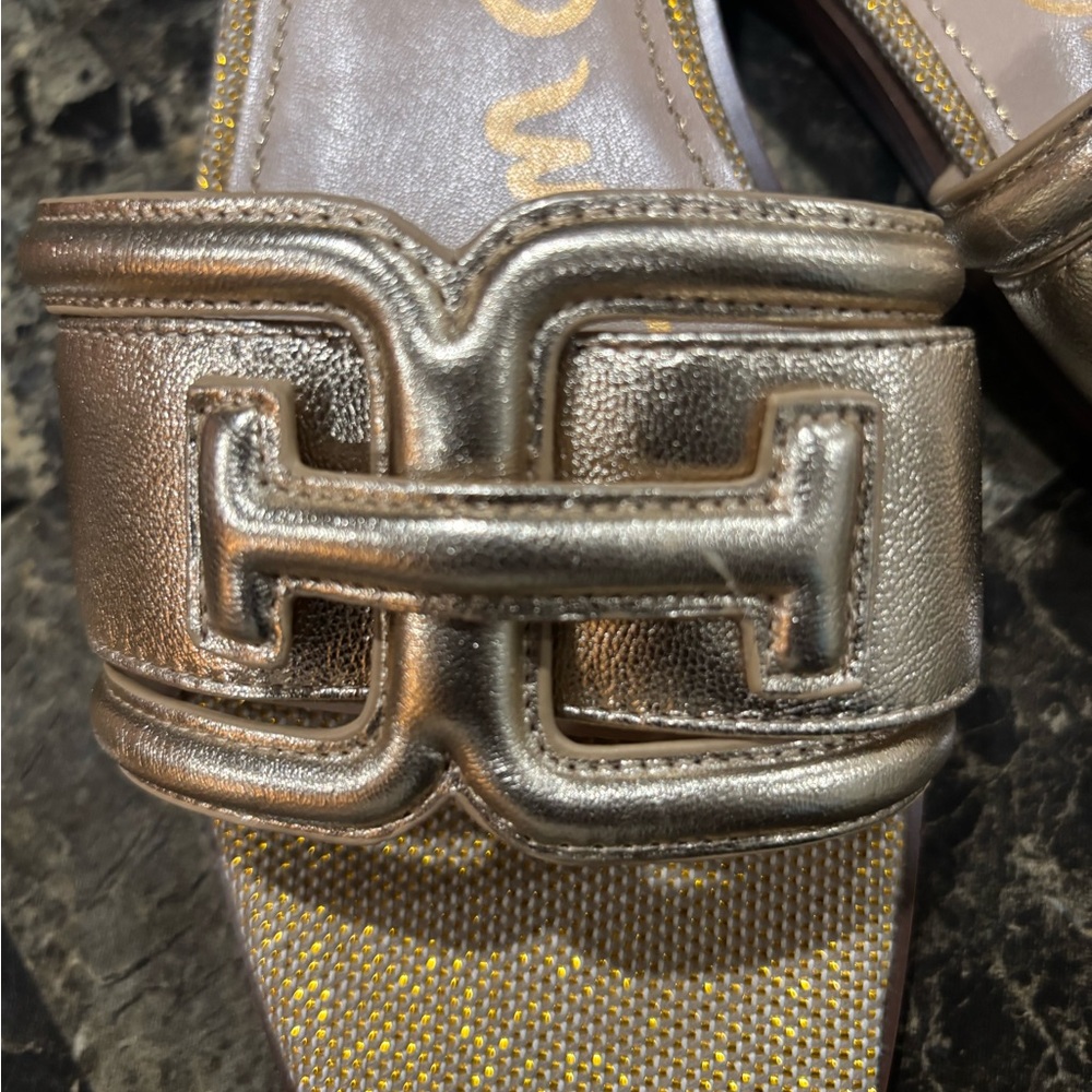 SAM EDELMAN IRINA GOLD LEATHER LOGO SLIDE FLAT SANDALS ( WOMENS 10.5 ) Preowned - Picture 2 of 8
